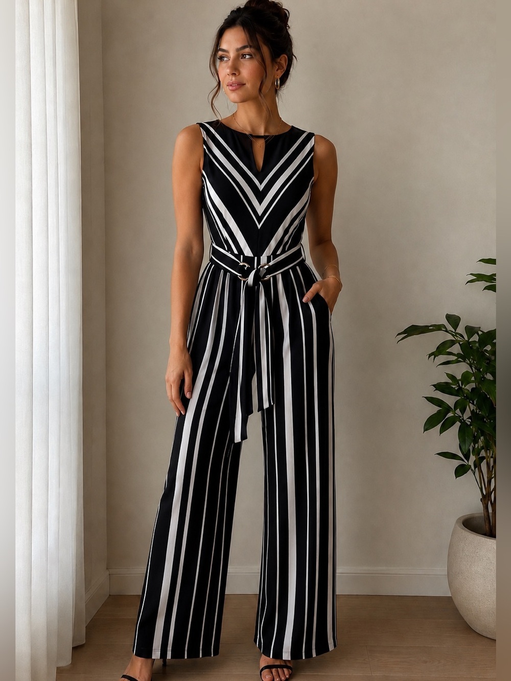INC International Concepts Black and White Striped Belted Jumpsuit